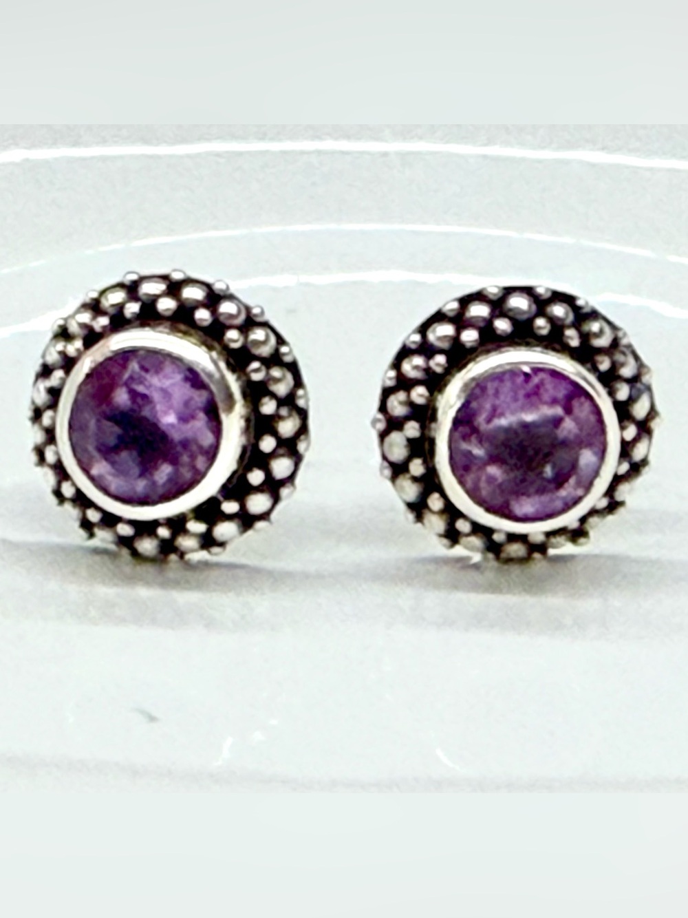 Vintage Sterling Forever Sterling Silver and Amethyst Halo Stud Earrings